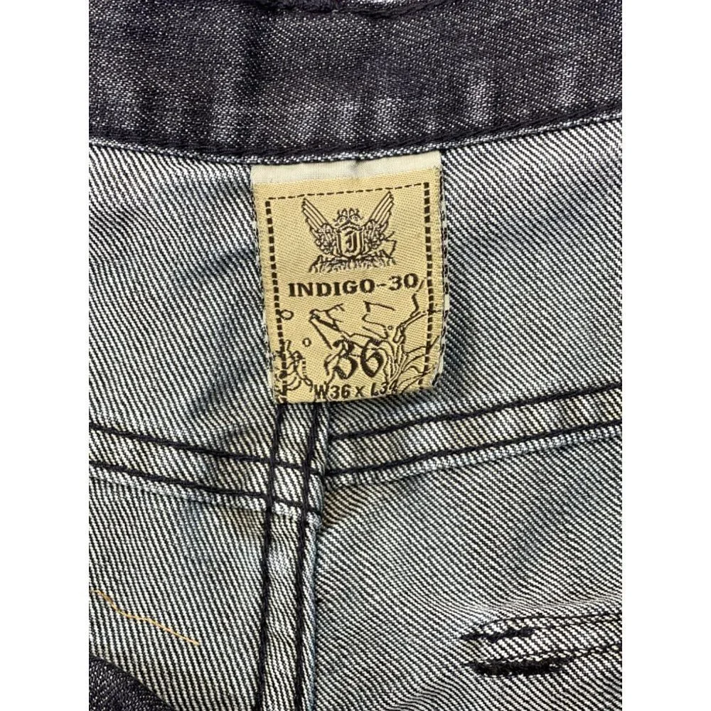 INDIGO 30 Men's Dark Denim Whiskered Jeans 36x34 Flaps Embroidery Bootcut EUC‎